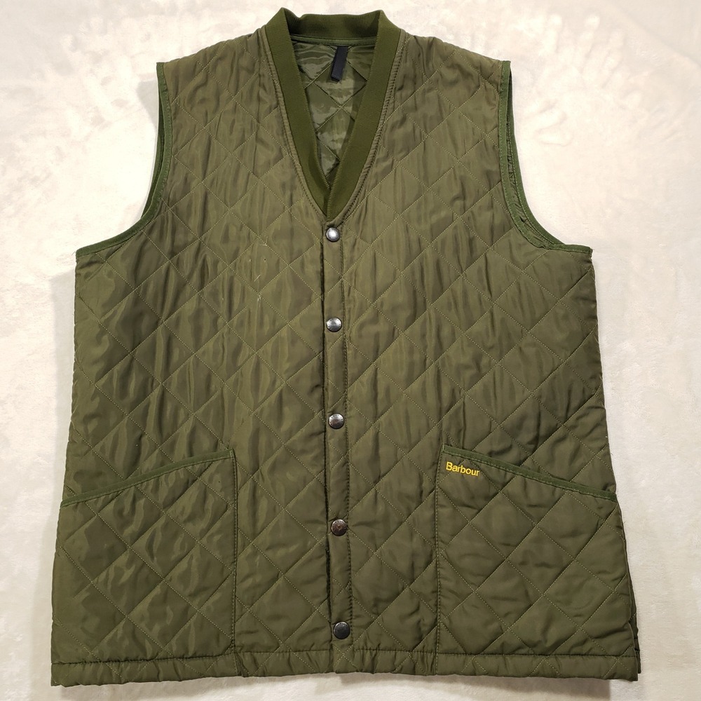 Barbour Eskdale Vest Mens XL Olive Green Quilted Waistcoat Snap England Made‎